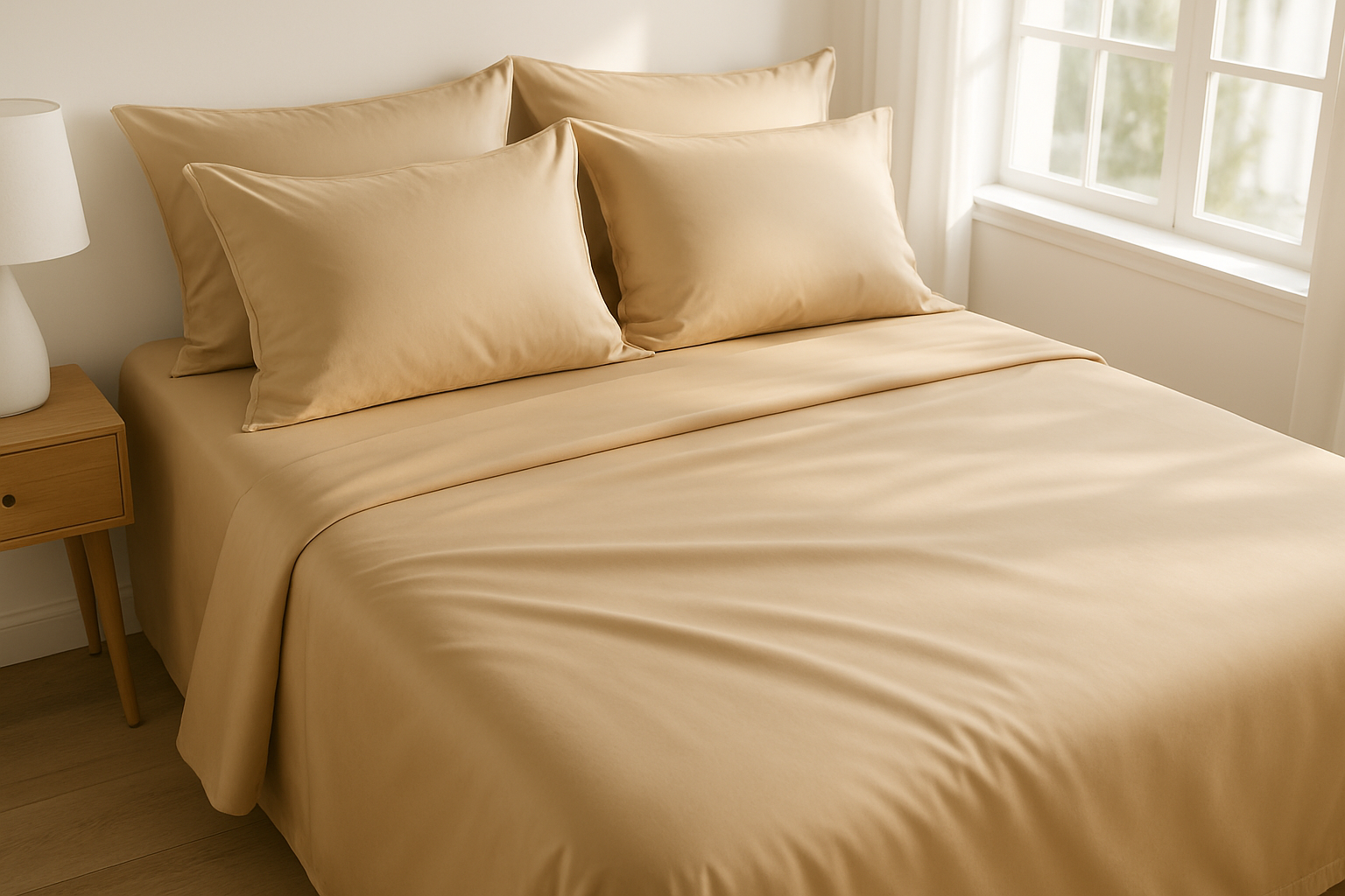 cotton sateen beige colour bed sheet with four pillows spreading on bed looking like areal bedroom and daytime bright room
