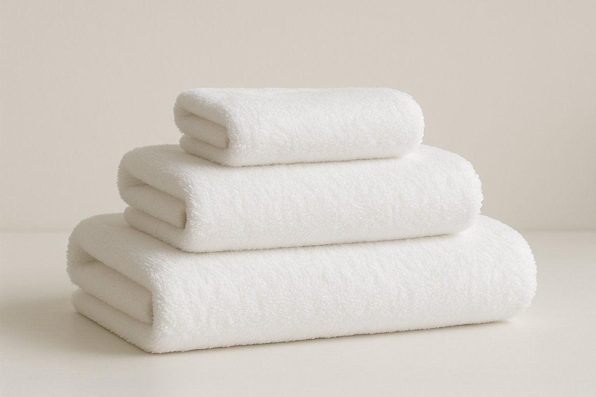 Luxury bath towels stacked with matching hand towels and washcloths.