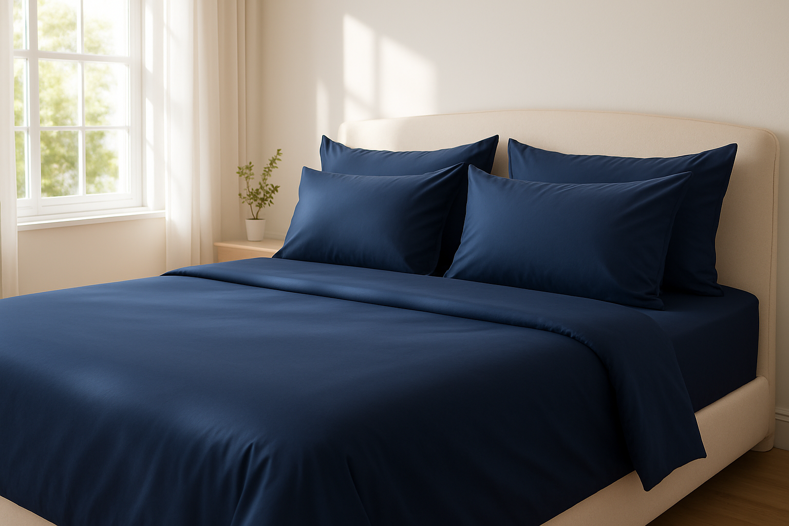 cotton sateen bed sheet spreading on king size bed with four pillows look like a real room bright room and navy blue bedsheet