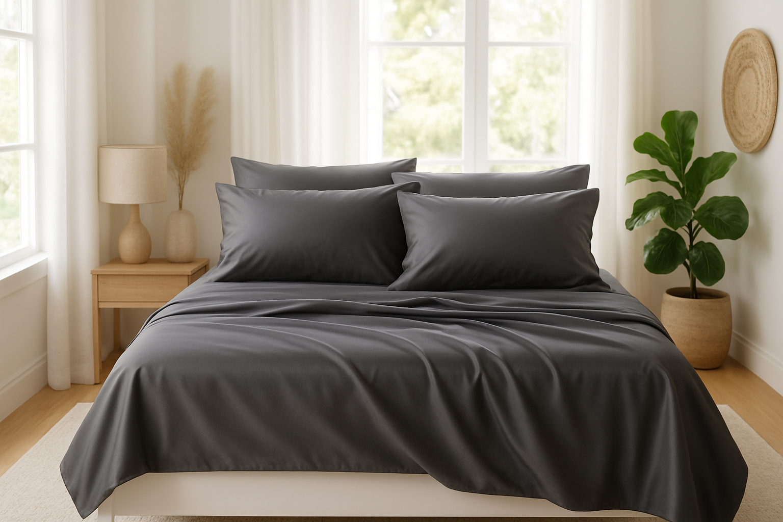 cotton sateen charcoal colour bed sheet with four pillow spreading on bed bed colour is white and natural room in bright look