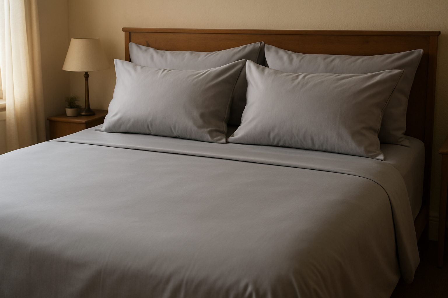 cotton stateen plain bedsheet in grey colour spreading on bed looking natural bedroom picture with four pillows